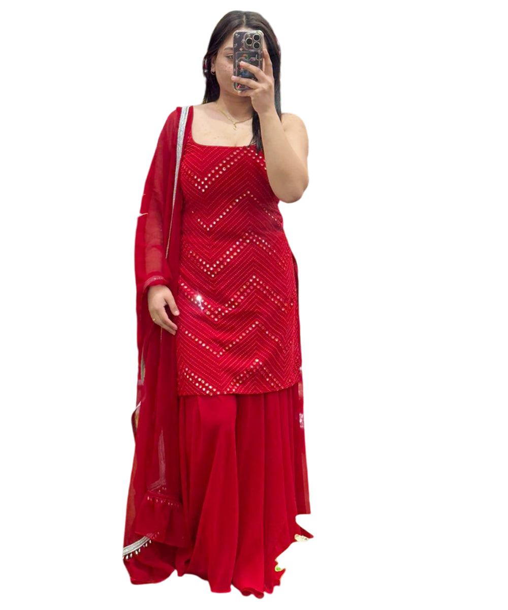 3Pc Designer Sharara Set (Red)